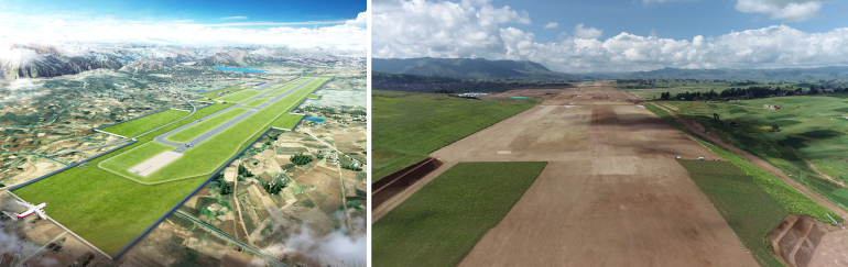 ‘페루 친체로 신공항’의 조감도(왼쪽)와 실제 시공 중인 현장의 모습(오른쪽)