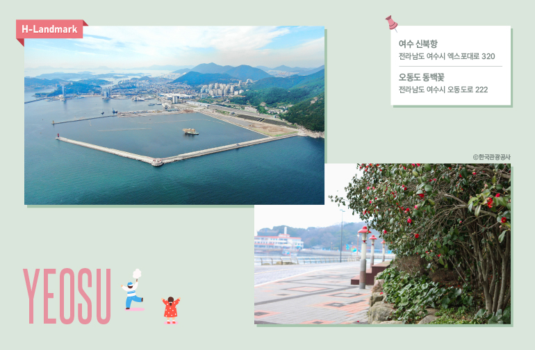 여수 신북항 & 오동도 동백꽃 위치  오동도: 전라남도 여수시 오동도로 222 여수 신북항: 전라남도 여수시 엑스포대로 320