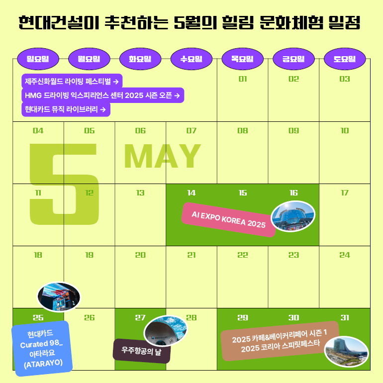 현대건설이 추천하는 5월의 힐링 문화체험 일정 제주신화월드 라이팅 페스티벌, HMG드라이빙익스피리언스센터2025시즌오픈, 현대카드 뮤직 라이브러리 5월 내내  AI EXPO KOREA 2025 5/14-16 현대카드 Curated 98_아라타요(ATARAYO) 5/25 우주항공의날 5/27 2025카페&베이커리페어 시즌1 2025 코리아 스피릿페스타 5/29-6/1