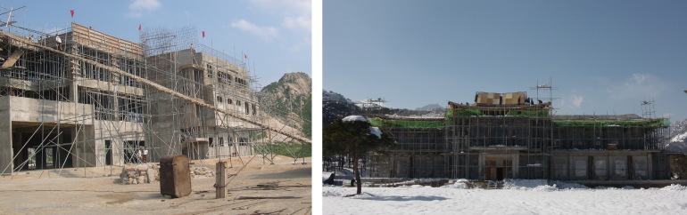 (왼쪽) 경수로 부대 건물 공사 (오른쪽) 금강산 옥류관 전경