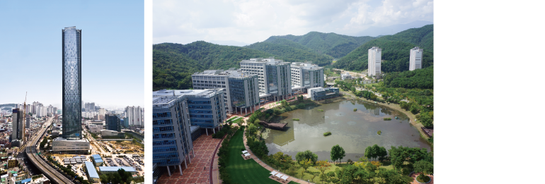 부산국제금융센터(왼쪽), 울산과학기술대학원(UNIST) 전경