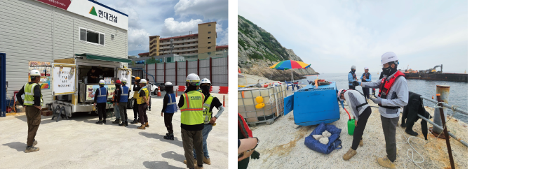 웅진개발 안전보건팀 혹서기 푸드트럭 현장 지원 행사(왼쪽), CSO 월별 현장 안전 점검 모습(오른쪽)