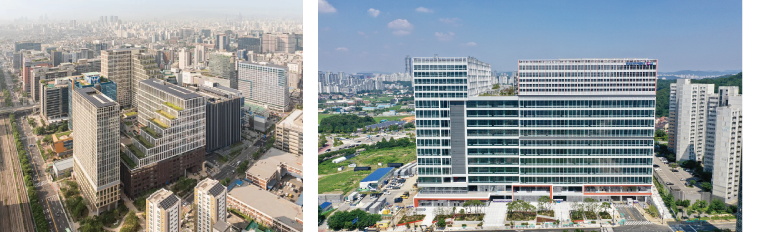현대지식산업센터 가산 퍼블릭 현장(왼쪽), 현대프리미어 캠퍼스 세마역(오른쪽) 