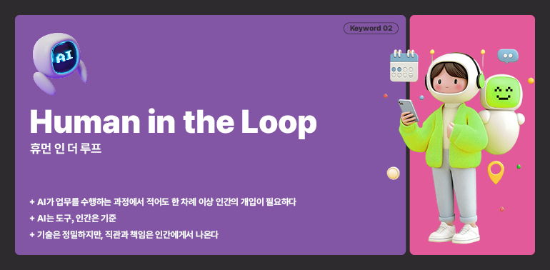 일체 포함  사람이 개입하는 상황  휴먼 인 더 루프  + AI가 업무를 수행하는 과정에서 적어도 한 차례 이상 인간의 개입이 필요하다  + AI는 도구, 인간은 기준  + 기술은 정밀하지만, 직관과 책임은 인간에게서 나온다  키워드 02  0000  ..
