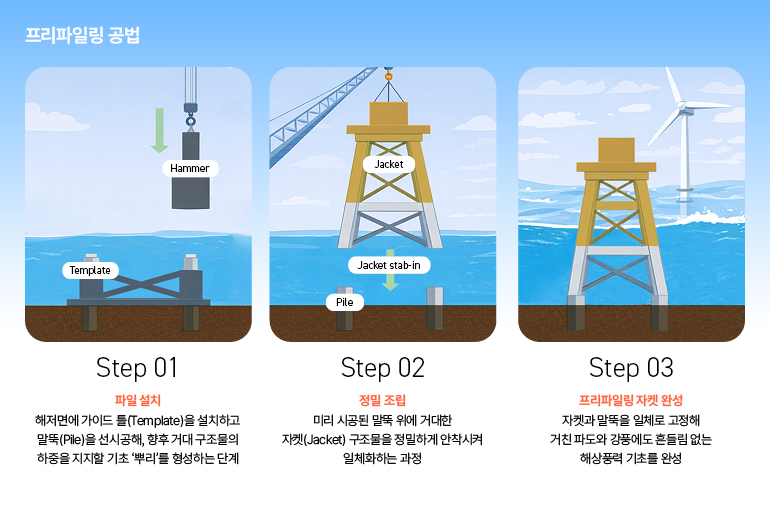 프리파일링 공법  망치  재킷  템플릿  재킷 찌르기  파일  1단계  파일 설치  해저면에 가이드 틀(Template)을 설치하고 말뚝(Pile)을 선시공해, 향후 거대 구조물의 하중을 지지할 기초 뿌리를 형성하는 단계  2단계  정밀 조립  미리 시공된 말뚝 위에 거대한 자켓(Jacket) 구조물을 정밀하게 안착시켜 일체화하는 과정  3단계  프리파일링 자켓 완성  자켓과 말뚝을 일체로 고정해 거친 파도와 강풍에도 흔들림 없는 해상풍력 기초를 완성