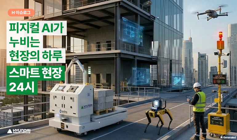 H 이슈로그  피지컬 AI가  누비는  현장의 하루  스마트 현장  24시  탐색  ▲HYUNDAI  현대  안전 모니터링  안전 추적  AI 생성