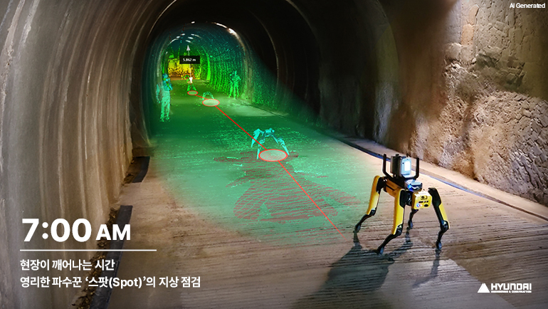 AI 생성  오전 7시  현장이 깨어나는 시간  영리한 파수꾼 스팟(Spot)의 지상 점검  현대