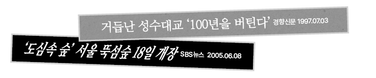 거듭난 성수대교 100년을 버틴다 경향신문 1997.07.03 ‘도심속 숲 서울 뚝섬숲 18일 개장 SBS뉴스 2005.06.08 거듭난 성수대교 100년을 버틴다 경향신문 1997.07.03 ‘도심속 숲 서울 뚝섬숲 18일 개장 SBS뉴스 2005.06.08