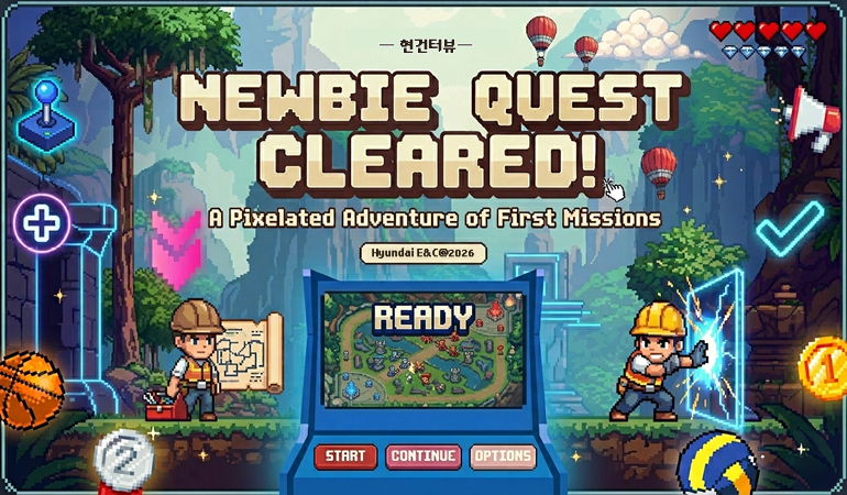 A Pixelated Adventure of First Missions 현건터뷰 NEWBIE QUEST CLEARED! A Pixelated Adventure of First Missions Hyundai E&C@2026 READY START / CONTINUE / OPTIONS