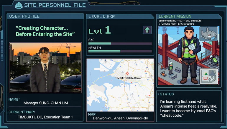 “Creating Character… Before Entering the Site” TIMBUKTU Data Center Danwon-gu, Ansan, Gyeonggi-do [Basement] RC + SC + SRC structure / [Ground Floor] SRC structure I’m learning firsthand what Ansan’s intense heat is really like. I want to become Hyundai E&C’s “cheat code.”