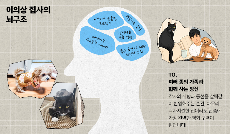 이의상 집사의 뇌구조 이의상 집사의 뇌구조 TO. 여러 종의 가족과함께 사는 당신 각자의 취향과 동선을 찰떡같이 반영해주는 순간, 아무리 왁자지껄한 집이라도 단숨에 가장 완벽한 평화 구역이 된답니다! 이의상 집사의 뇌구조 하늘이의 밀당 빠당이의 사고뭉치 에너지 디스커스 신혼집 프로젝트 좋은 공간에 대한 직업적 고민 늘어나는 가족 걱정