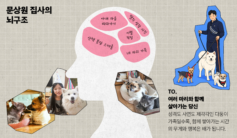문상원 집사의 뇌구조 TO. 여러 마리와 함께 살아가는 당신 성격도 사연도 제각각인 다둥이 가족일수록, 함께 쌓아가는 시간의 무게와 행복은 배가 됩니다.  문상원 집사의 뇌구조 네 마리 가족 아내 마음 따라가기 산책 분담 스케줄 딸의 성장 사진 이별 걱정