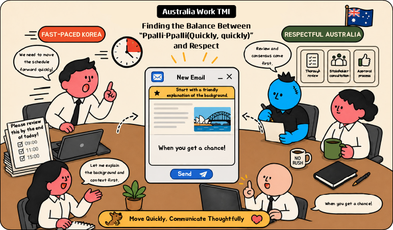 Finding the Balance Between “Ppalli-Ppalli(Quickly, quickly)” and Respect FAST-PACED KOREA We need to move the schedule forward quickly! Please review this by the end of today! Let me explain the background and context first. New Email Start with a friendly explanation of the background. When you get a chance! Send RESPECTFUL AUSTRALIA Review and consensus come first. Thorough review / Stakeholder consultation / Approval process Move Quickly, Communicate Thoughtfully