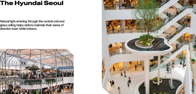 Natural light entering through the central void and glass ceiling helps visitors maintain their sense of direction even while indoors. Natural light entering through the central void and glass ceiling helps visitors maintain their sense of direction even while indoors.