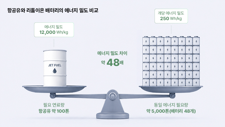 항공유와 리튬이온 배터리의 에너지 밀도 비교  에너지 밀도  12,000Wh/kg  개당 에너지 밀도 250 Wh/kg  4  4  4  4  4  4  4  4  4  4  4  4  4  4  4  4  에너지 밀도 차이  4  4  4  4  4  4  4  4  약 48배  4  4  4  4  4  4  4  4  4  4  4  4  4  4  4  4  4  4  4  4  4  4  4  4  제트 연료  필요 연료량  항공유 약 100톤  동일 에너지 필요량  약 5,000톤(배터리 48개)