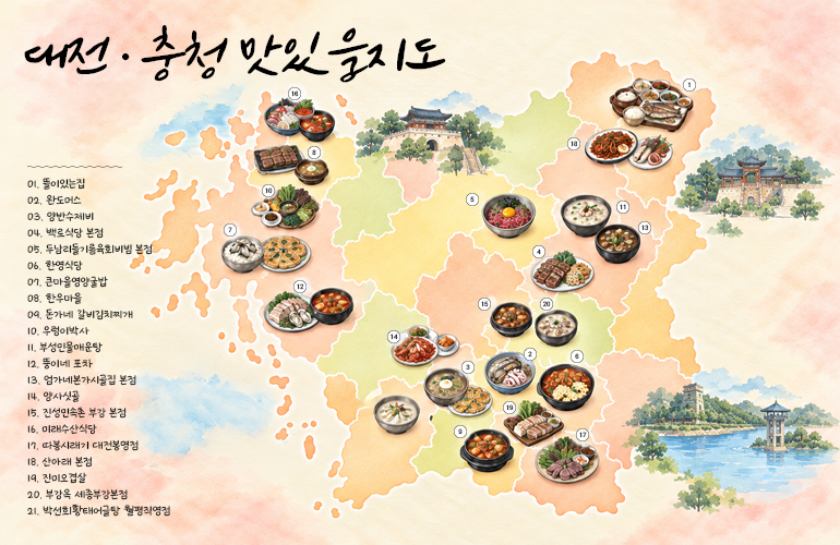 대전·충청 맛있을지도 대전·충청 맛있을지도 뜰이있는집 완도머스 양반수제비 백로식당 본점 두남리들기름육회비빔 본점 한영식당 큰마을영양굴밥 한우마을 돈가네 갈비김치찌개 우렁이박사 부성민물매운탕 뚱이네 포차 엄가네본가시골집 본점 양사싯골 진성민속촌 부강 본점 미래수산식당 따봉시래기 대전봉명점 산아래 본점 진미오겹살 부강옥 세종부강본점 박선희황태어골탕 월평직영점